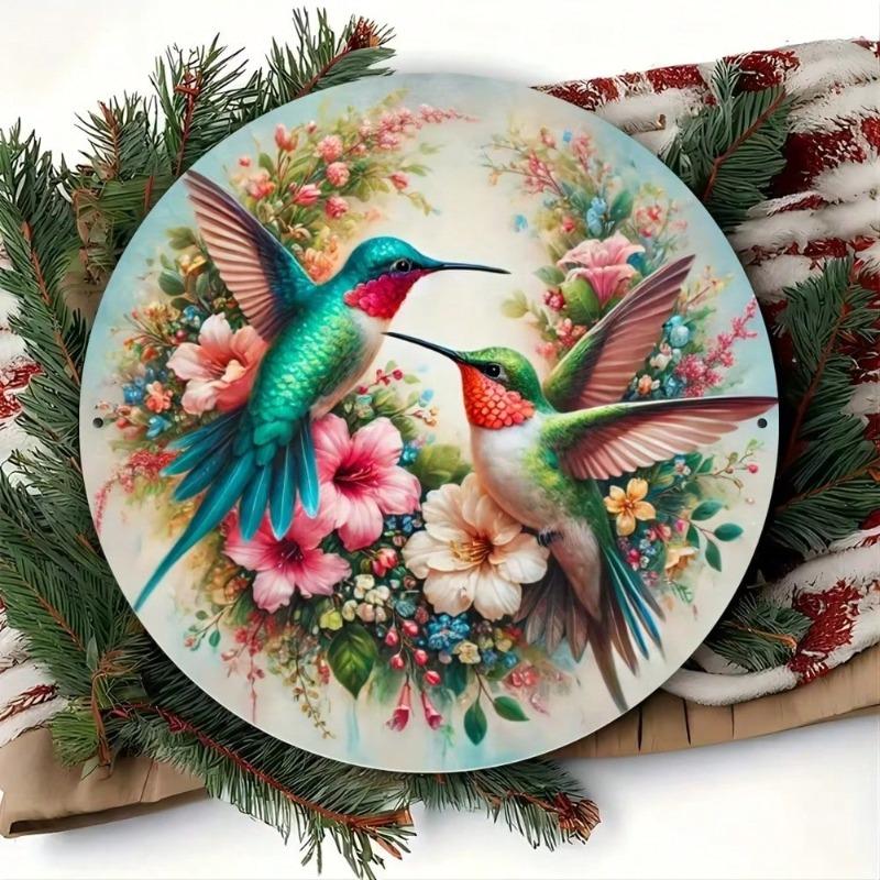 Vintage Hummingbird Floral Metal Wall Art Round Sign Home Office Decor