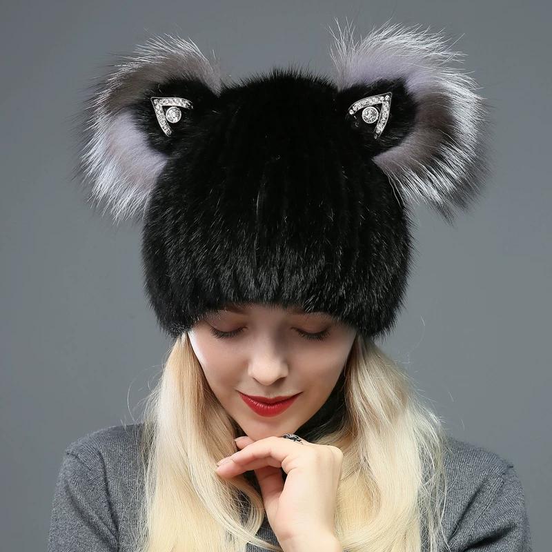 

Mink Hair Hat Female Autumn and Winter Korean Version Woven Fox Hair Cat Ears Sweet Cute Wool Knitted Fur Hat One Size（56-58cm） чёрный