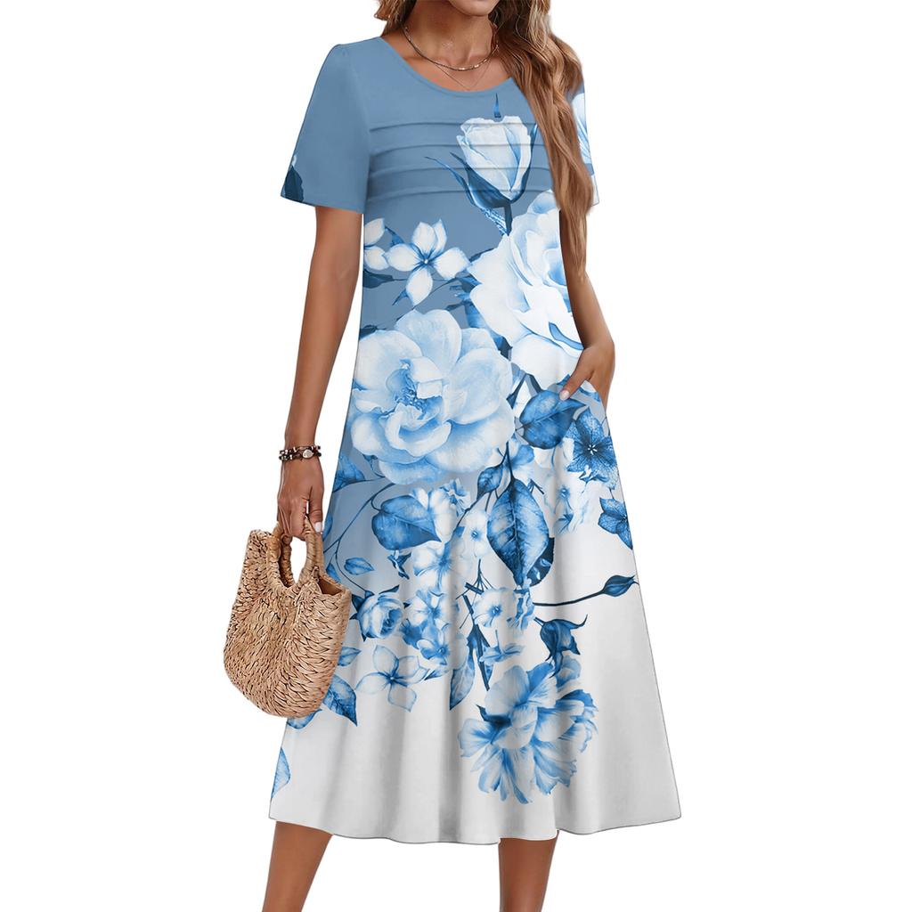 Ladies' Floral Printed Casual And Fashionable Short Sleeved Round Neck Dress