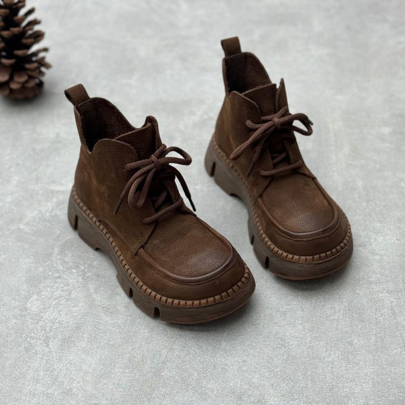 Johnature Handmade Genuine Leather Short Boots Retro Thick Soled Round Toe Lace Up Women's Shoes