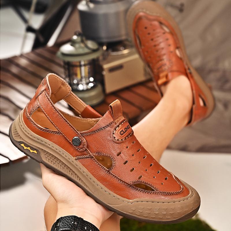 Fashion Summer Fashion New Men's Comfortable Two-layer Cowhide Toe Cap Sandals Brand Outdoor Men's Thick Soled Anti Slip Beach Shoes