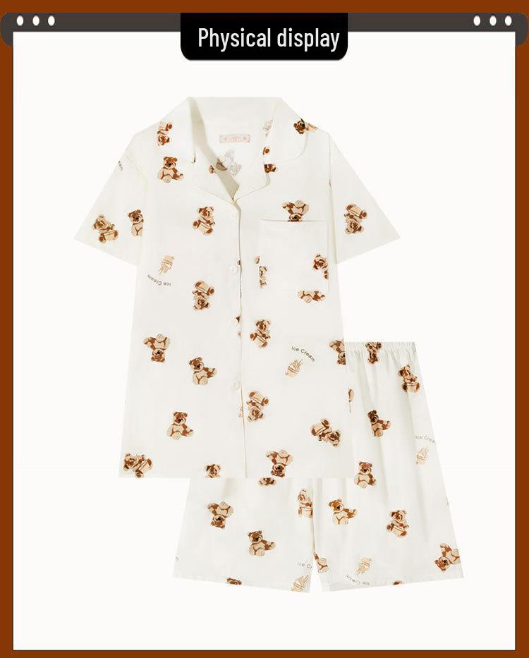 Summer Women's Japanese-Style Cute Teddy Bear Pajamas, Short-Sleeved Loose Cardigan, Casual Homewear Set.