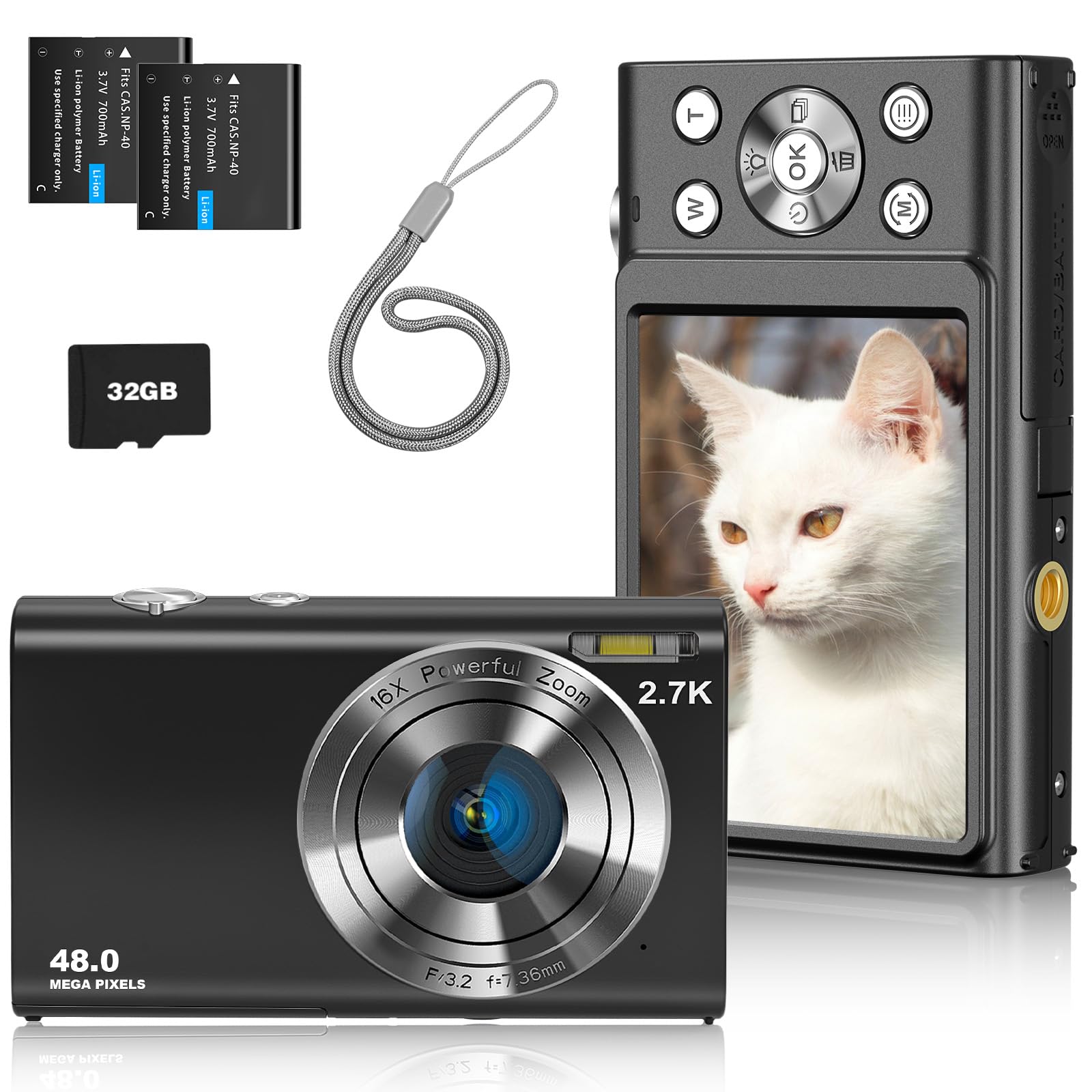 

CAMKORY 4K Digital Auto 48 4K 16x Digital Inch Large Spare School Black Camera, Фокус, мегапікселі, роздільна здатність, зйомка великим планом, зум, 2,8 екран, чорний