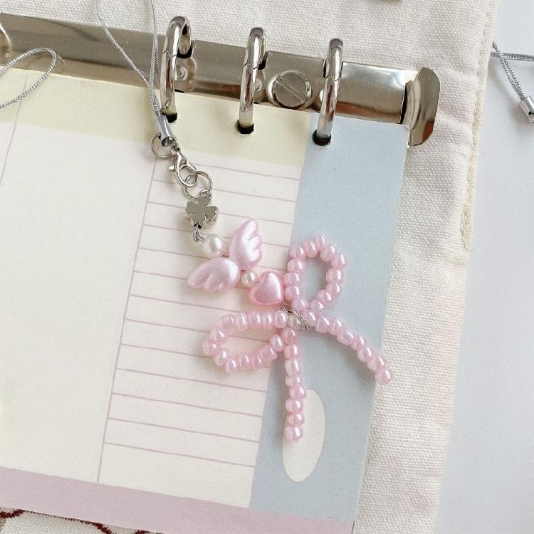 Fashionable Beaded Bowknot And Angel Wing Keychain With Silver Heart Detail Fanciful Key Pendant Lightweight Key Decors Great For Gifts