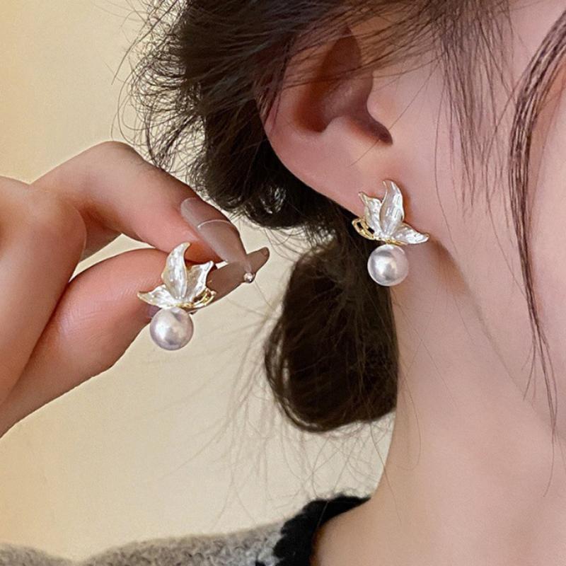 Silver Needle Oil-Drop Leaf Pearl Earrings, Women'S Elegant Pearl Stud Earrings Jewelry Gift