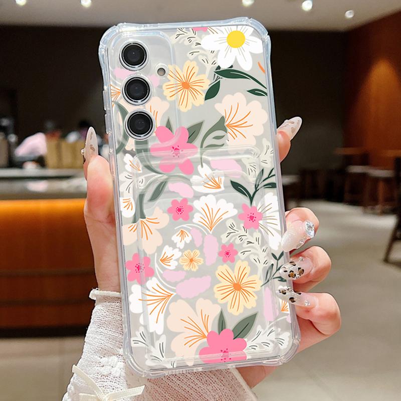 Flower Card Bag Wallet Clear Case For Samsung Galaxy S25 Edge S24 S22 Ultra S23 FE A56 A55 A54 A35 A15 A16 5G Soft  Phone Cover
