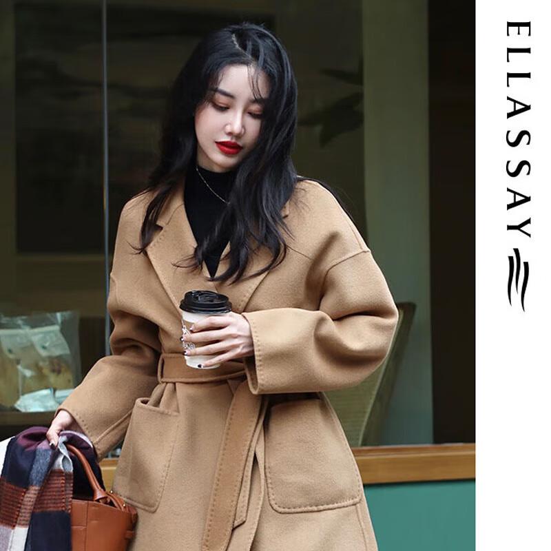 

ELLASSAY Women s Notched Lapel Short Relaxed Fit Wool Cashmere Belted Coat L
