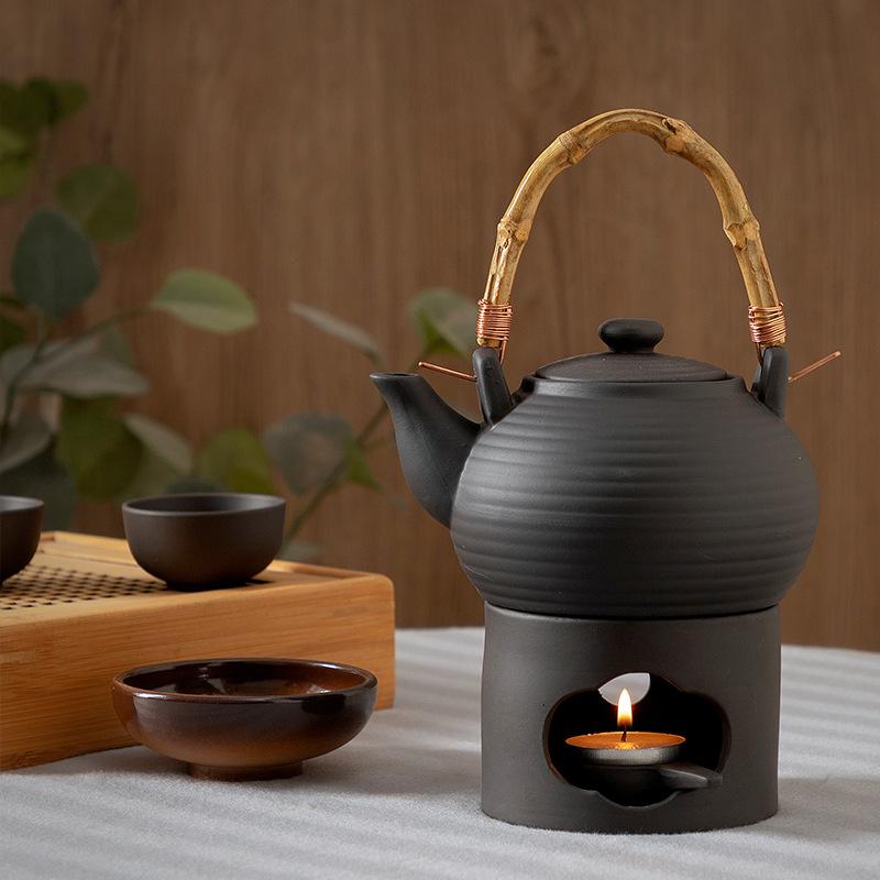 Cinnabar 3 in 1 Coarse Pottery Tea Warmer Ceramic Japanese Style Candle Heating 100ml Reed Diffuser Essential Oil Incense burner