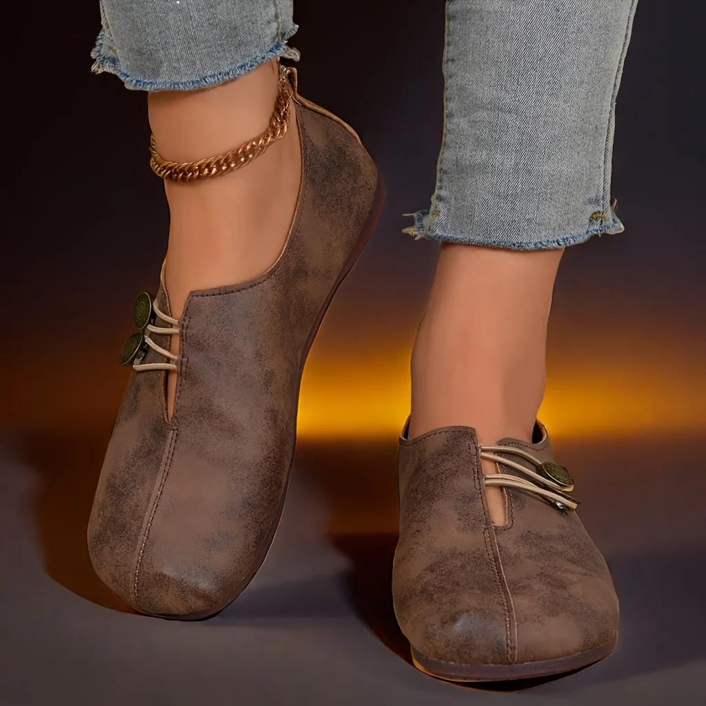 Pohodlné dámské baleríny s měkkou podrážkou a kulatou špičkou - zdobené přezkou, jednobarevné, ležérní, prodyšné, snadné nazouvání