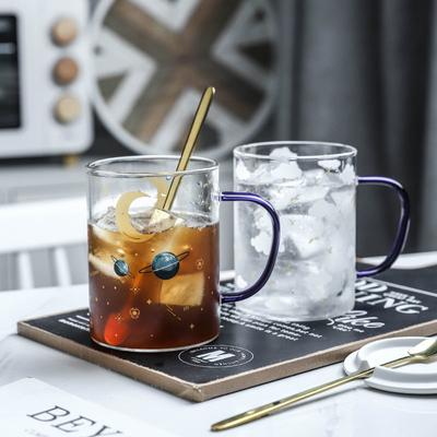 450ML Colour Glass Mug Water Cup Printing Starry Sky Coffee Mug with Spoon Lid Breakfast Milk Cup Children's Gift