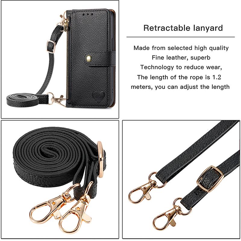 Lanyard Zipper Leather Wallet Anti-theft Case For Huawei Honor 50 Pro 60 70 80 SE 90 Lite X6 X8 X6A X7A X9A Wrist Strap Cover