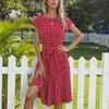 Women's Spring Fashion Pleated Print Mid-length Dress Short Sleeve Round Neck Polka Dot Pleated Dress