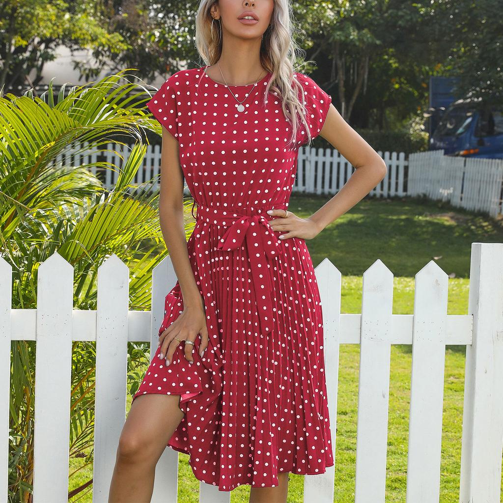 Women's Spring Fashion Pleated Print Mid-length Dress Short Sleeve Round Neck Polka Dot Pleated Dress