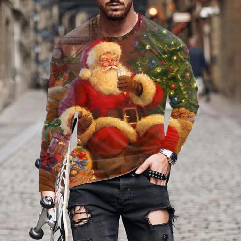 Herren T-Shirts Weihnachten Herren Neu Rundhals Langarm Street Fashion 3D Gedrucktes Herren T-Shirt