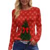 Women's Christmas Print Long Sleeve Top with Round Neck and Side Slit