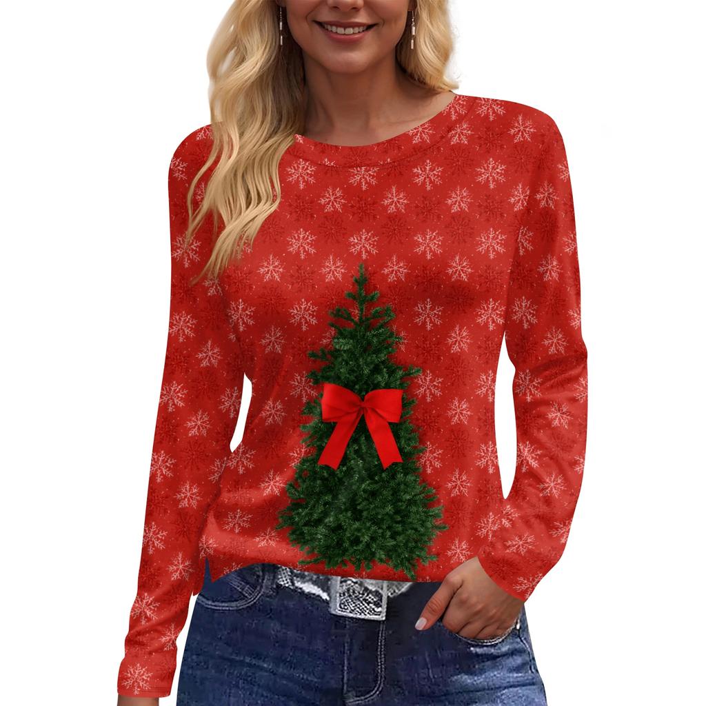Women's Christmas Print Long Sleeve Top with Round Neck and Side Slit