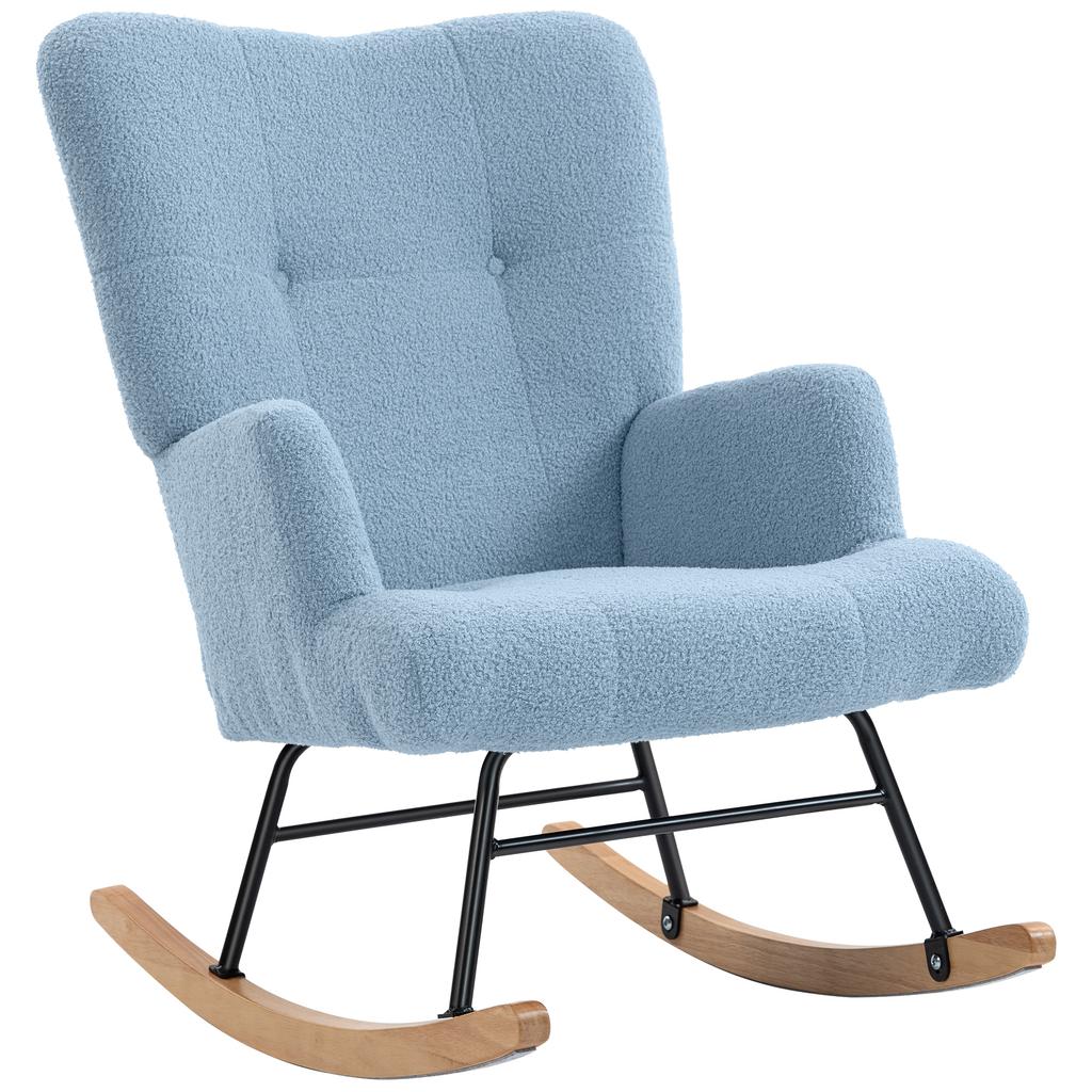 Velvet Teddy Rocking Chair With High Back Rubber Wood Legs Light Blue Armrests
