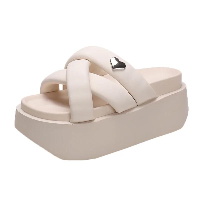 Summer 2023 Chunky Sandals Women's Thick Bottom Wedge Heels Slides 8CM High Heels Platform Leather Casual Beach Flip Flops Woman