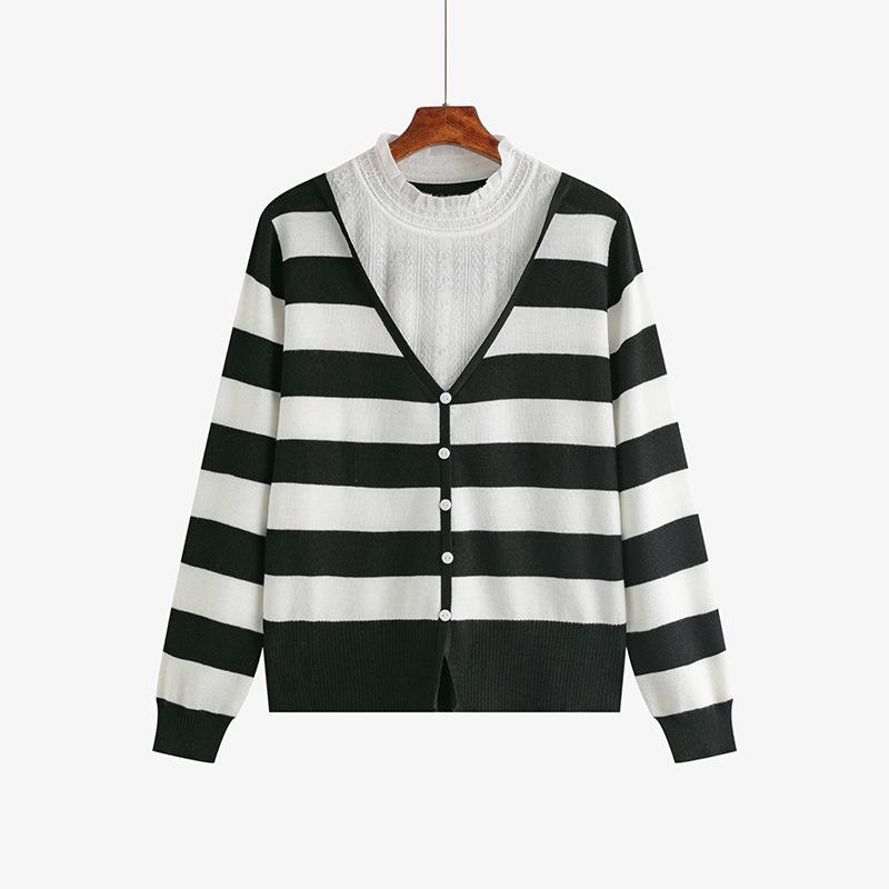 

Плюс Размер Женский Поддельный Два Кружева Полуводолазка Полосатый Трикотажный Свитер XXXL