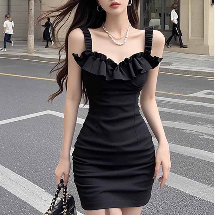 Black collar suspender dress female rich daughter light luxury sexy high cold royal sister temperament pure desire wind hip skirt