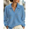 2026 New Women's Loose Printed Faux Wool Knitted Pullover Lapel V-Neck Design Three-dimensional Flower Pattern Casual Fashion Top