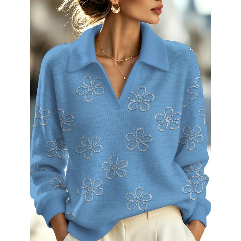 2026 New Women's Loose Printed Faux Wool Knitted Pullover Lapel V-Neck Design Three-dimensional Flower Pattern Casual Fashion Top