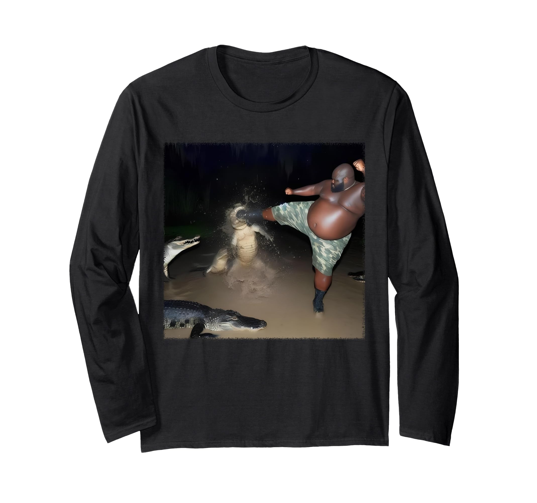 

Man kicking a crocodile in the swamp long sleeve T-shirt чёрный