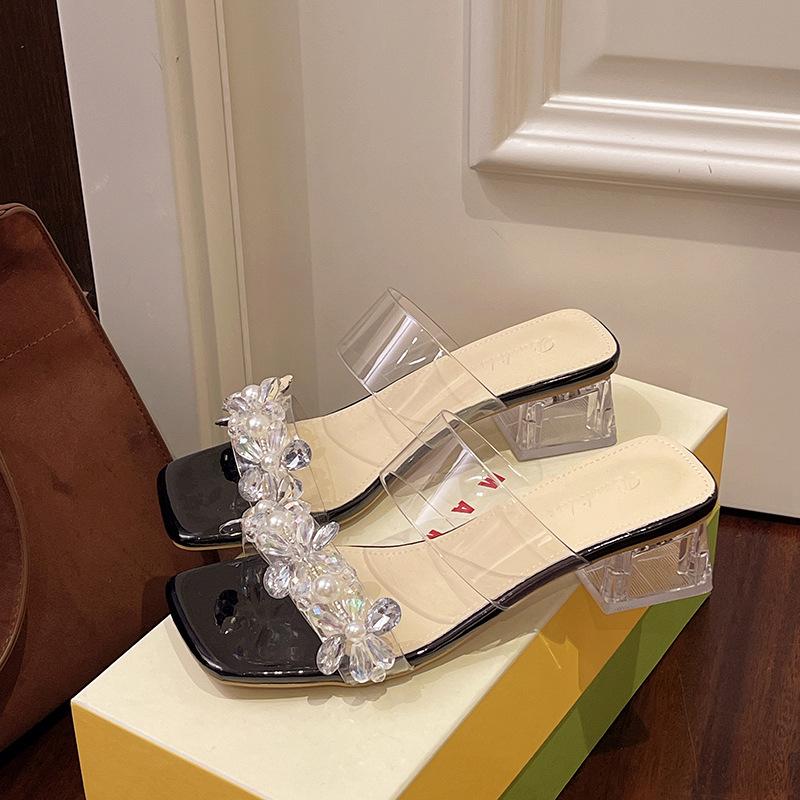 2025 New Transparent Heel Cool Slippers Women's Shoes Summer Wear Fairy Style with Skirt Rhinestone High-heeled Slippers