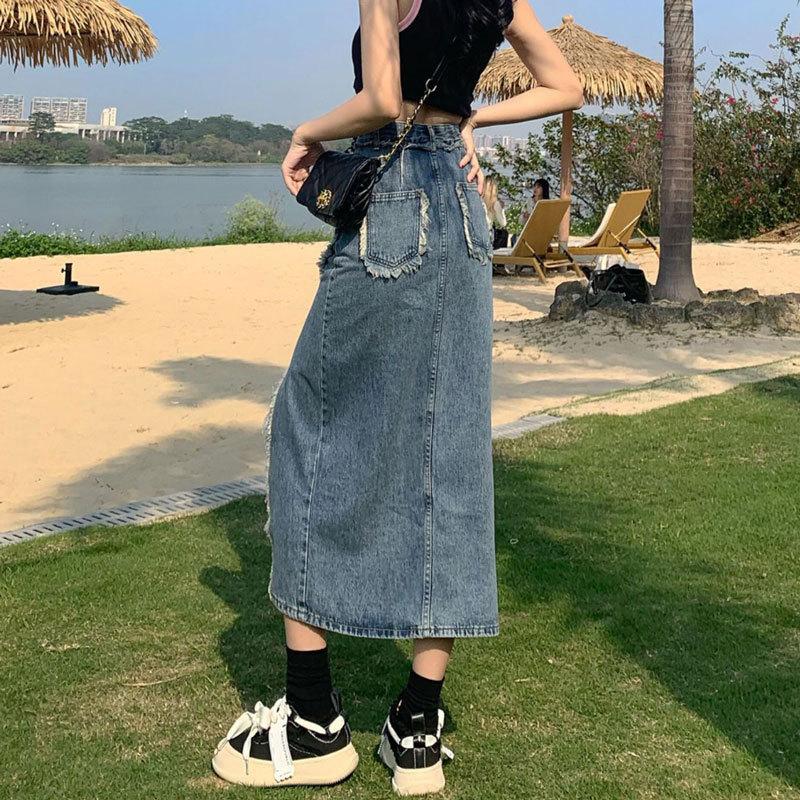Irregular Split Denim Skirt Women's Raw Edge Casual Pear Medium Long A Line Half Bodycon Hip Skirt