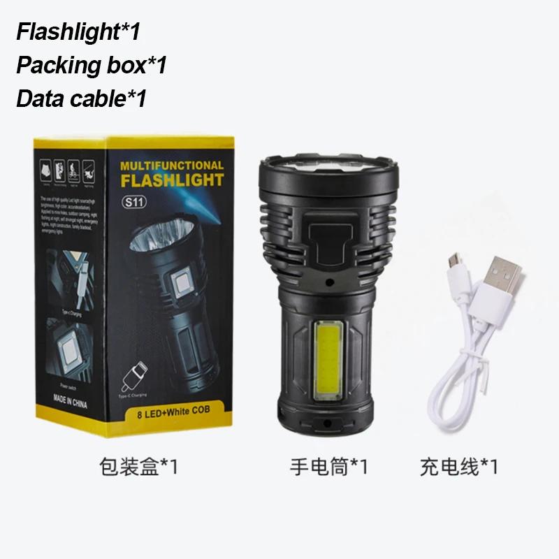 Strong LED Flashlight with Built-in Battery Rechargeable COB Side Light Multifunctional Waterproof Camping Tactical Flashlight