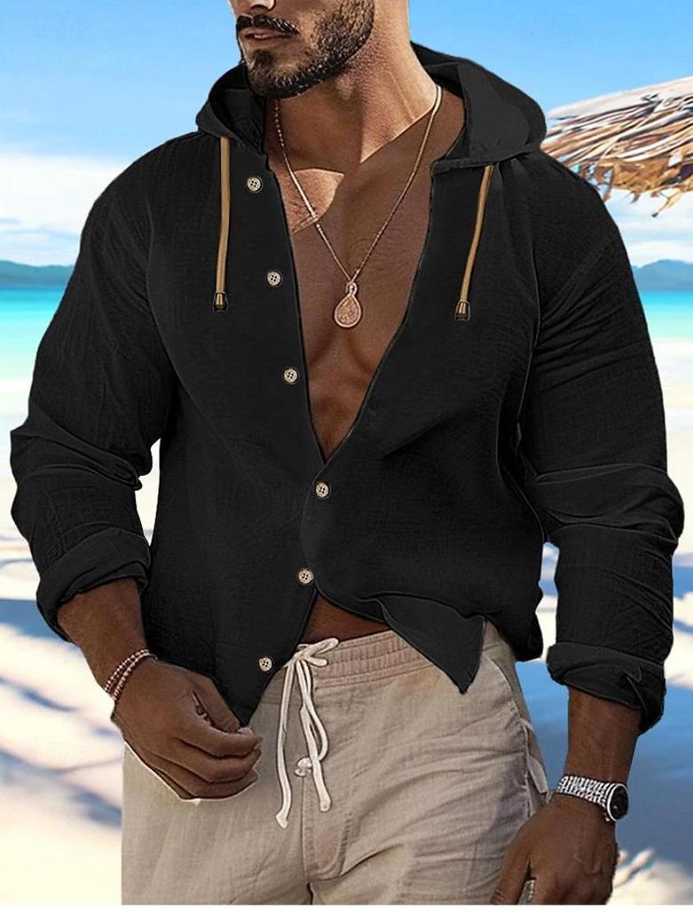 Men's Cross-border Button-up Summer Shirt Solid Color Daily Independent Station Long Sleeve Plain Hooded Cardigan Casual Wear