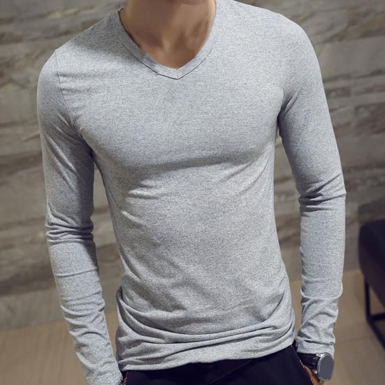 Men Shirt Solid Color Pullover Casual V Neck Long Sleeve Slim Autumn Base Shirt for Daily Wear