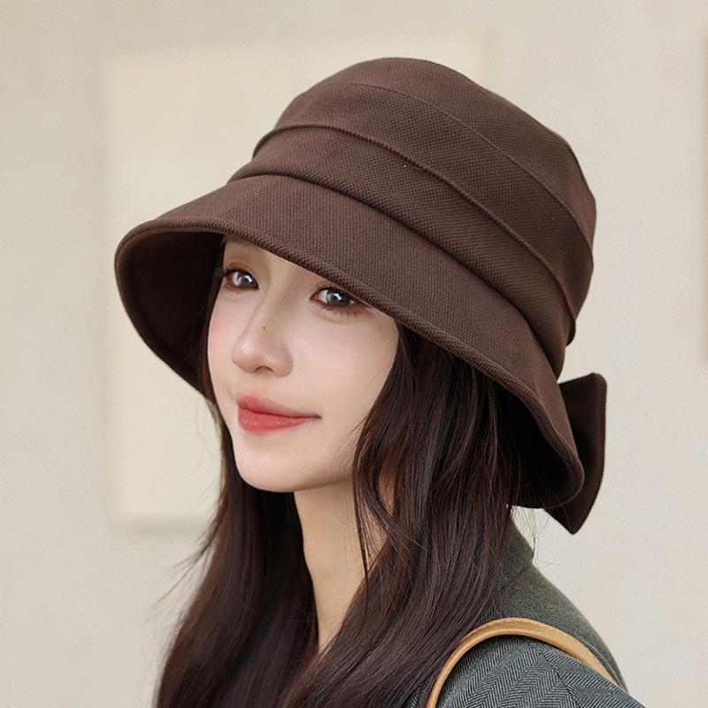 Back Split Bow Bucket Hat Women's Autumn and Winter New Sunscreen Basin Hat Elegant Temperament Versatile Plain Hat