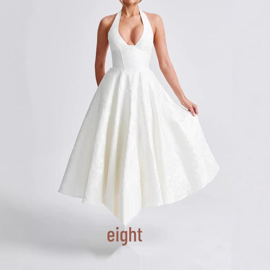 2026 Women's Exquisite Jacquard Halter Deep V High Waist A-line Dress