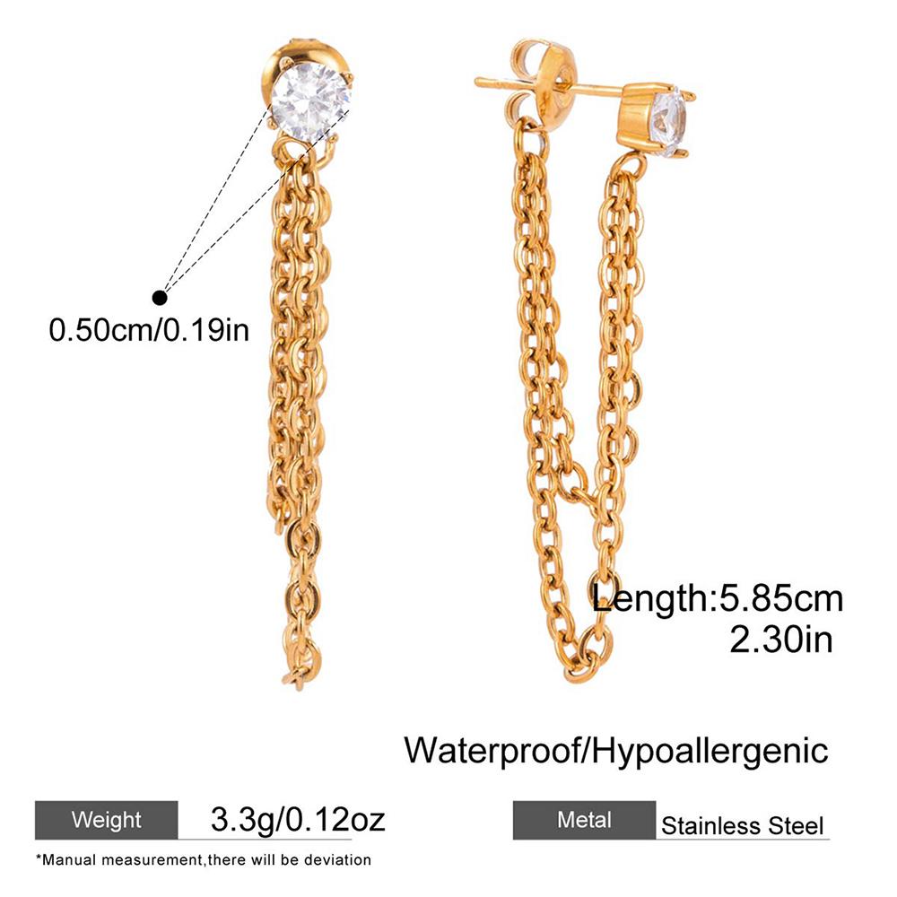 Stainless Steel Zircon Gold Color Double Layer Chain Drop Earrings for Women Minimalist Fashion Aesthetic Daily Jewelry Gift