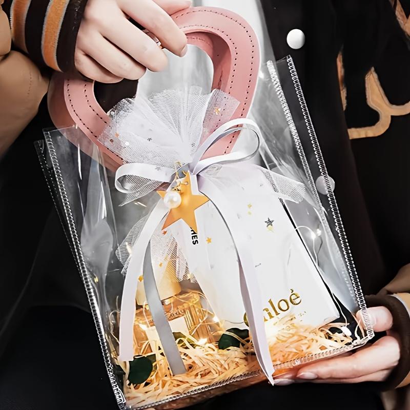 Transparent PVC Gift Bags with Heart-Shaped Handles | Reusable Striped Plastic Tote for Bridal Parties, Anniversaries, Couple Gifts