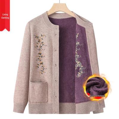Women's Plus Velvet Thickened Cardigan - Spring & Autumn Knitted Sweater for Middle-Aged & Elderly