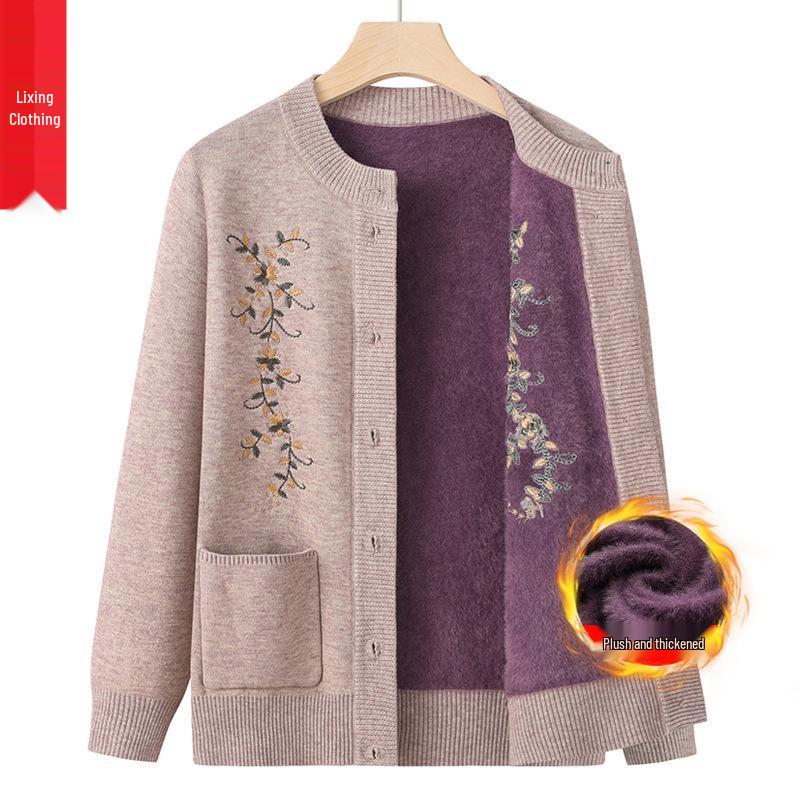 Dámský plusový sametový zesílený kardigan - Jarní a podzimní pletený svetr pro středního věku a starší