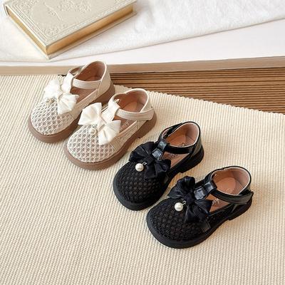 Scarpe in rete traspirante intrecciata da bambina, nuovo stile primavera-estate, scarpe con fiocco di perle per bambine, sandali in pelle traforata