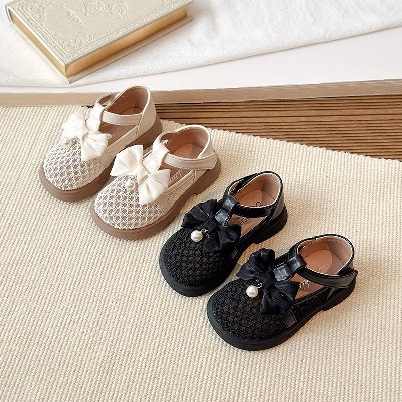 Spring-summer New Style Girls' Breathable Woven Mesh Shoes, Little Girls' Pearl Bow Shoes, Leather Hollow-out Sandals