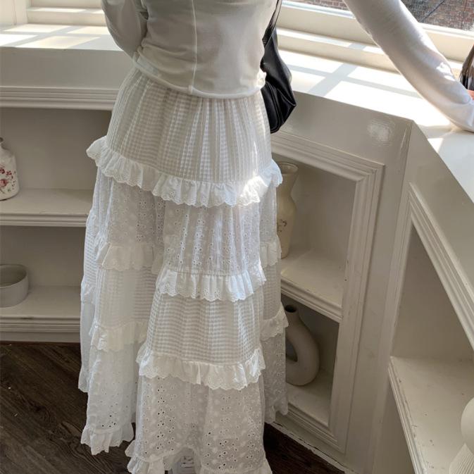 Petite Damen High-Waist Spitzen A-Linien Rock für den Frühling – Weiß, Häkel-Lang-Kuchen-Stil