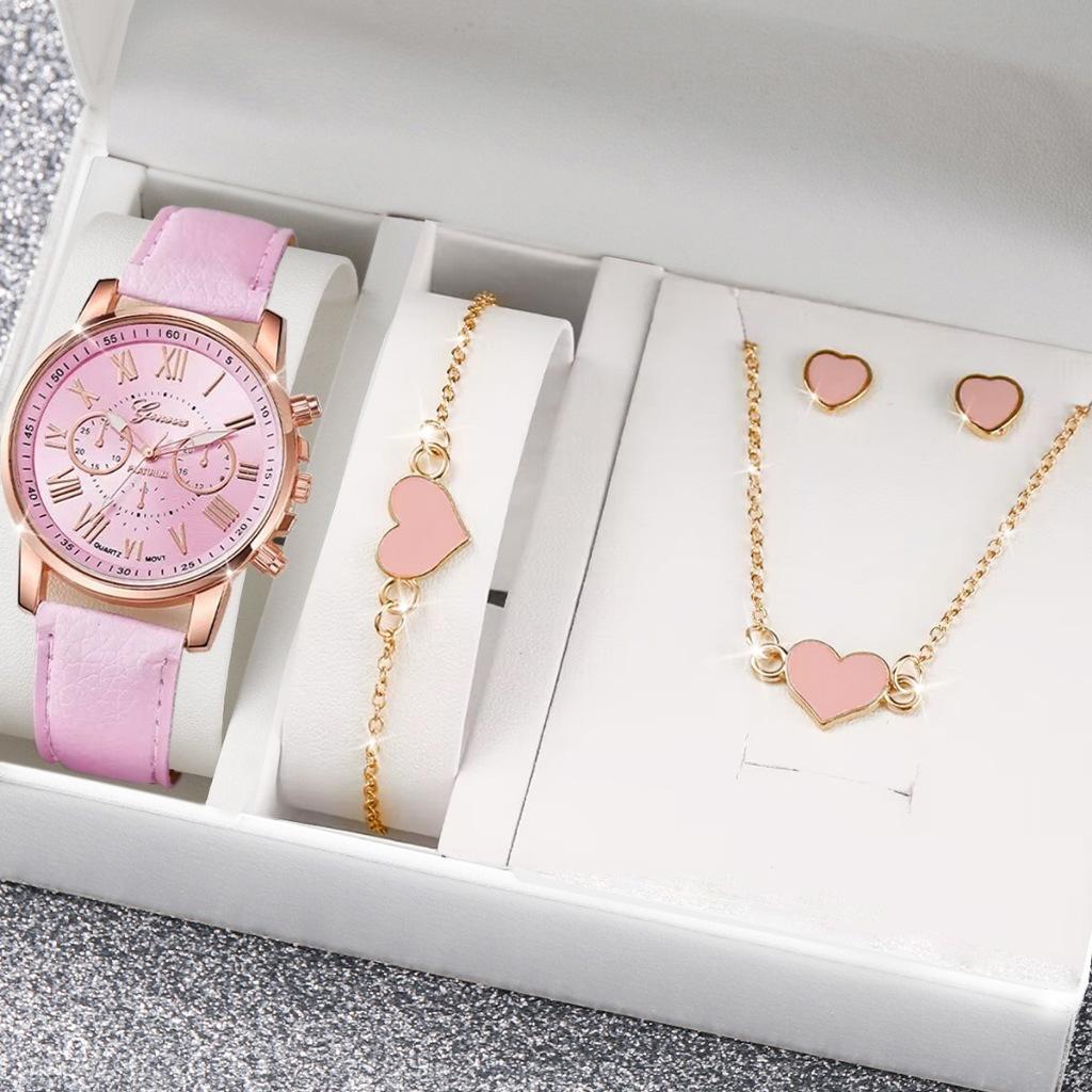5/6PCS Fashion Women's Quartz Watch Leather Band Analog Wrist Watches Heart Rhinestone Jewelry Set(Without Box)