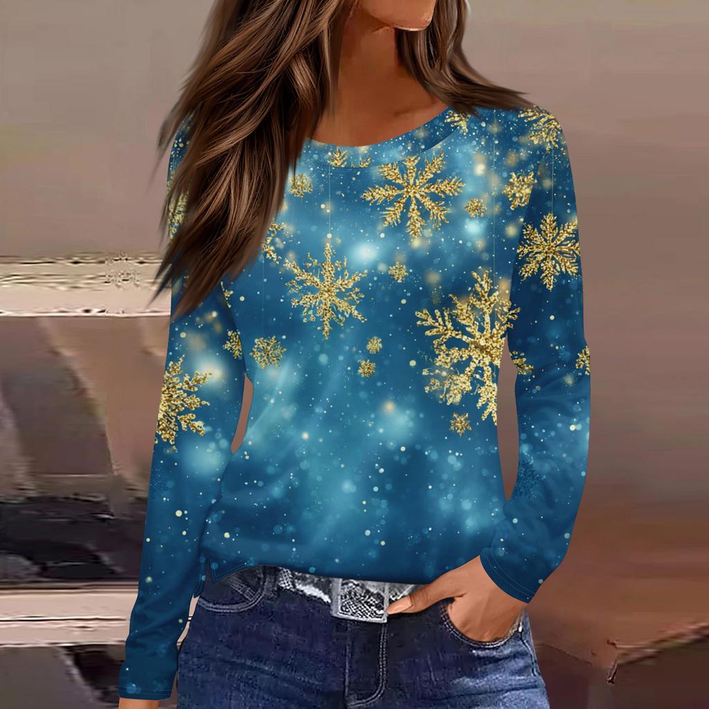 Women's Fashion Casual Slit Hem Round Neck Long Sleeve Loose Christmas Printed T-Shirt Ladies Top