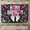 2D Printed Pink Black Rock Birthday Backdrop for Party Photoshoot