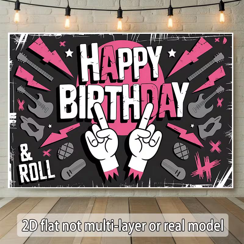 2D Printed Pink Black Rock Birthday Backdrop for Party Photoshoot