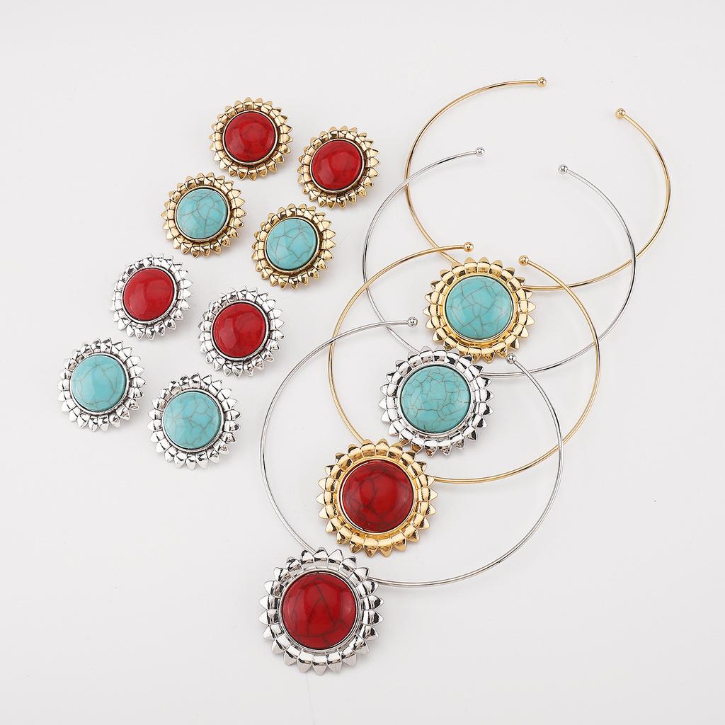 Vintage Turquoise Sunflower Earrings ZA Temperament Fashion Flower Pendant Collar Necklace