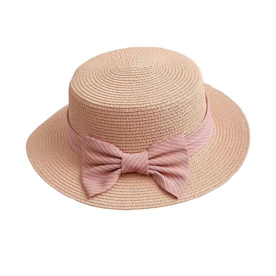Beach Straw Hat Flat Top Wide Brim Sun Protection Hat with Striped Print Ribbon Bow Hand-Woven Breathable Summer Hat