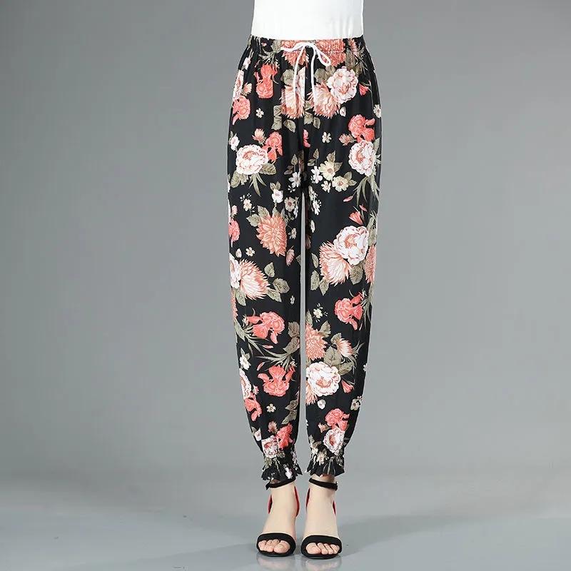 WTEMPO Mom Summer Thin Printed Ice Silk Pants Women Ealstic High Waist Large Size Casual Bloomers Trousers