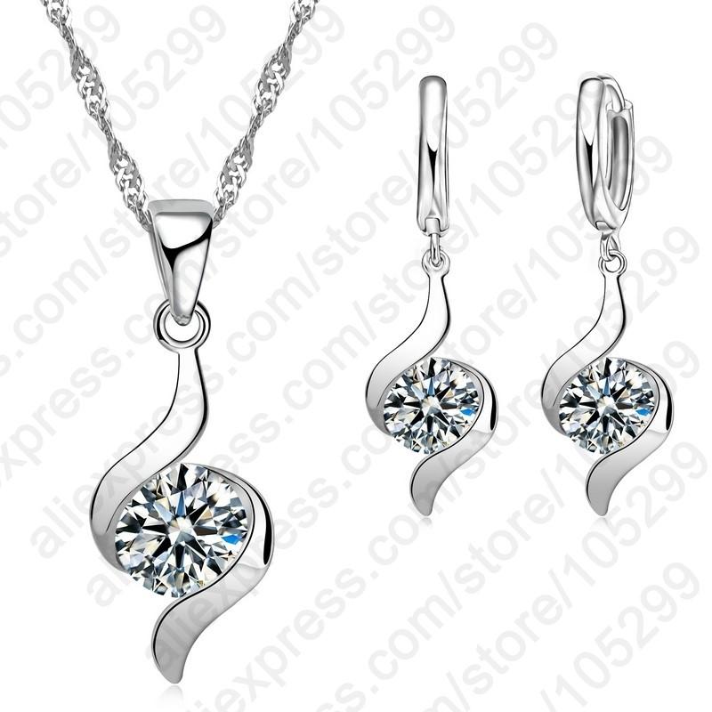 Luxury Shinny CZ Pendant Women Jewelry 925 Sterling Silver Necklace/Earring Classic Bridal Wedding Jewelry Set