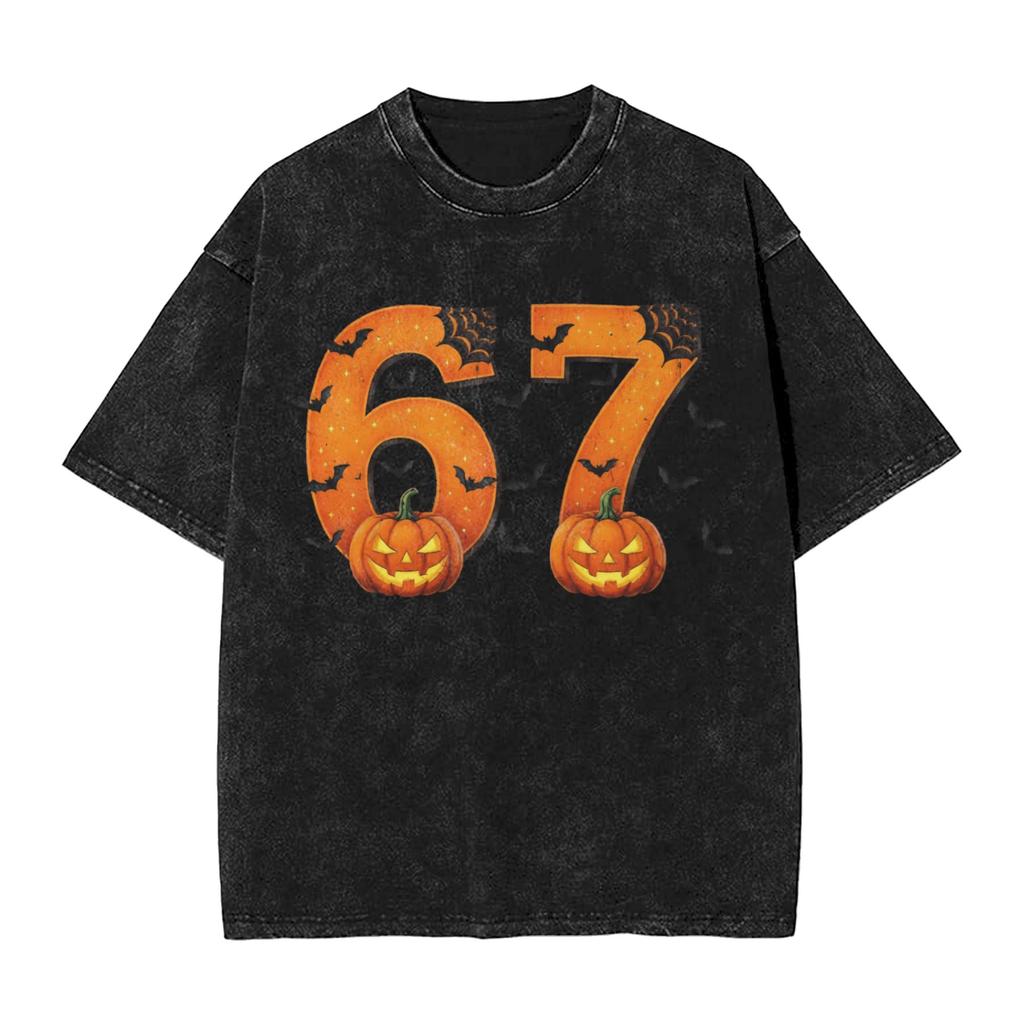 Vintage Washed Tshirt Funny 67 Meme Gen Alpha Slang Skeletal Hands Cotton Tshirts Hip Hop Tee Shirt For Man Beach Casual Tops